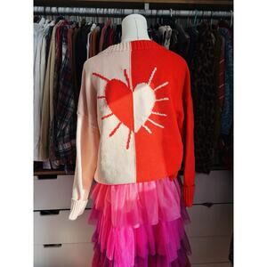 Kerri Rosenthal Heart Color-block V Neck Ribbed Knit Pullover Sweater Size XS